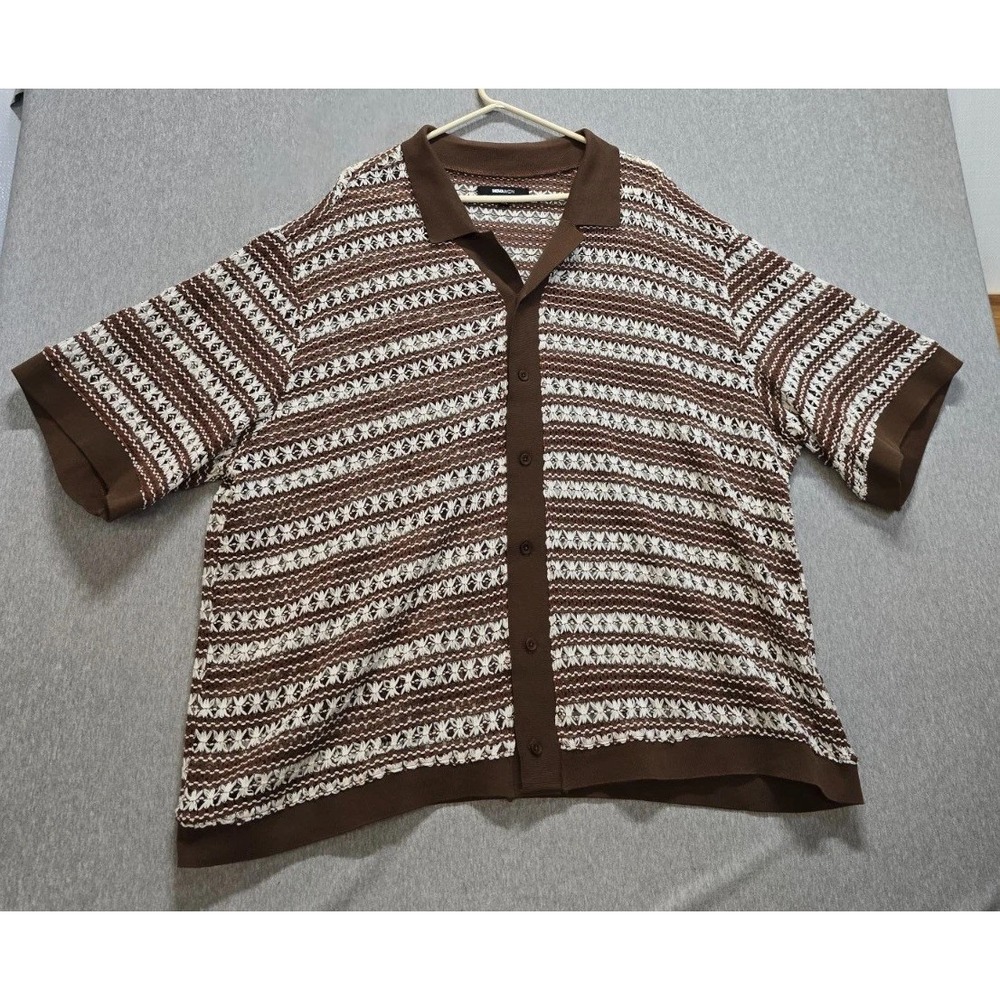 Nova Shirt Men 3XL Brown White Mario Textured Short Sleeve Camp Collar Button Up